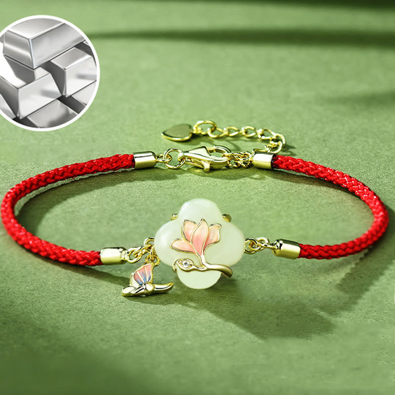 Wear FengShui 925 Sterling Silver Hetian Jade Magnolia Flower Butterfly Luck Chain Bracelet