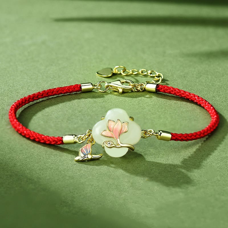 Wear FengShui 925 Sterling Silver Hetian Jade Magnolia Flower Butterfly Luck Chain Bracelet