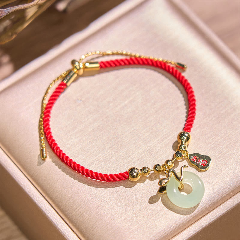Wear FengShui Copper Plated Gold Jade Peace Buckle Fu Character Year Of The Snake Red String Luck Bracelet
