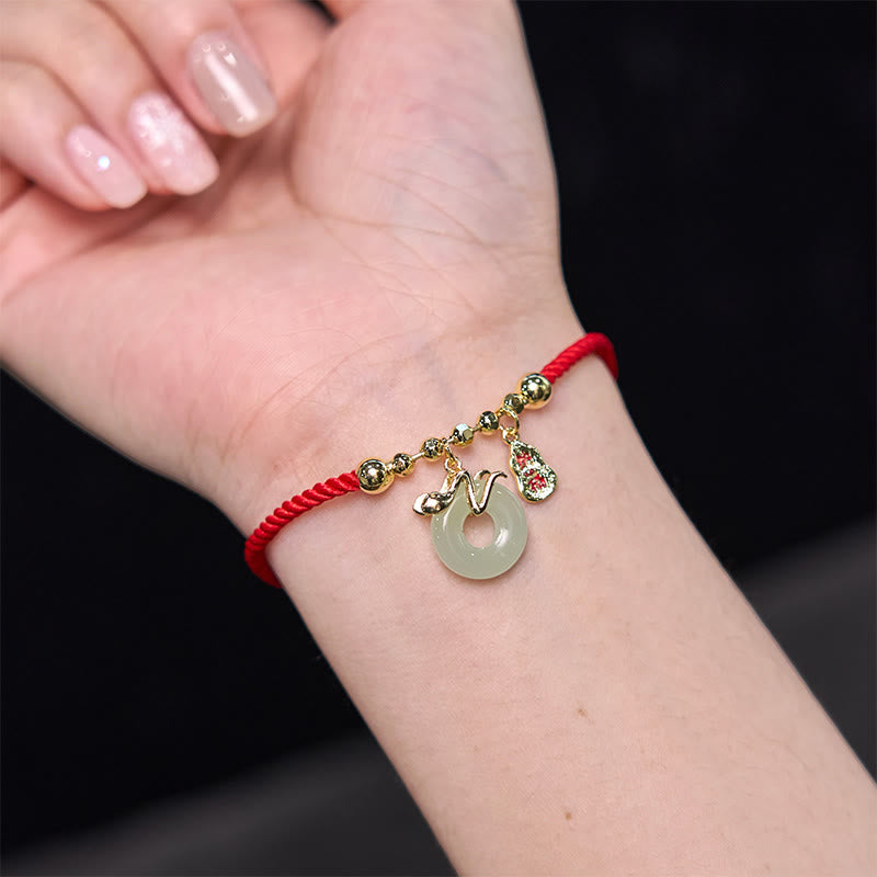 Wear FengShui Copper Plated Gold Jade Peace Buckle Fu Character Year Of The Snake Red String Luck Bracelet