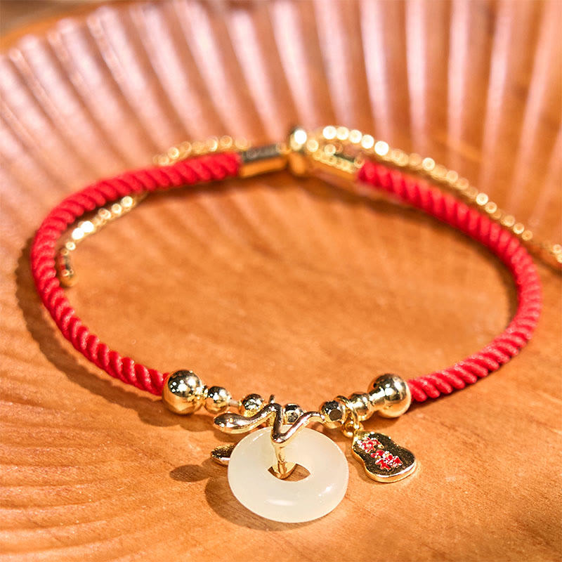 Wear FengShui Copper Plated Gold Jade Peace Buckle Fu Character Year Of The Snake Red String Luck Bracelet