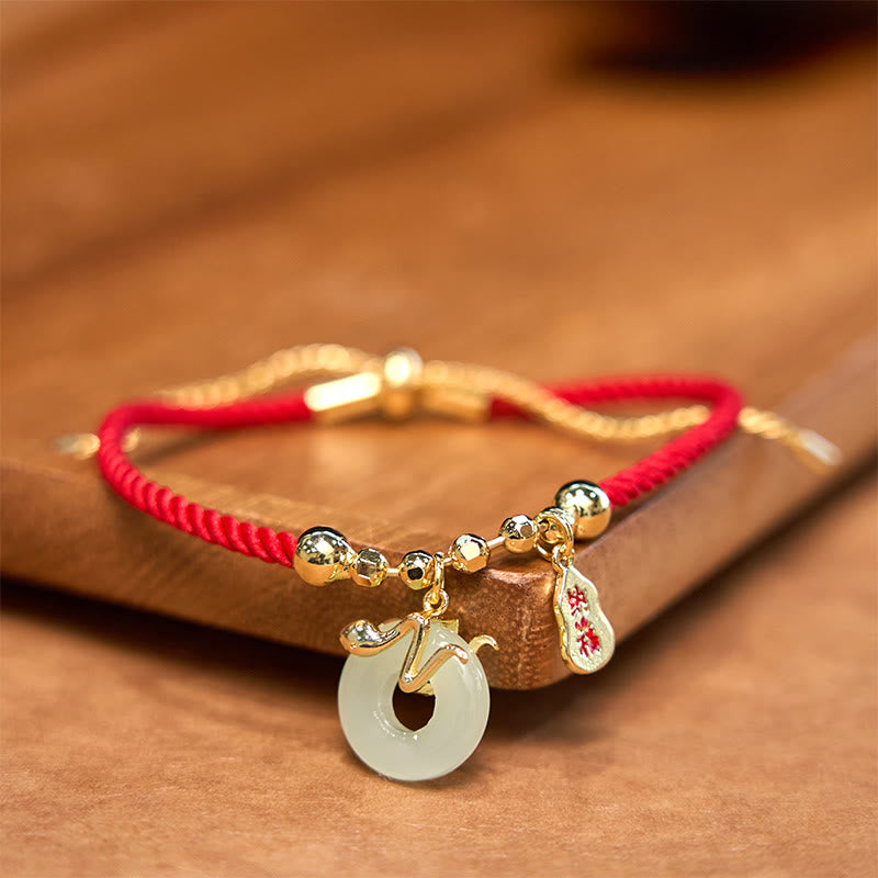 Wear FengShui Copper Plated Gold Jade Peace Buckle Fu Character Year Of The Snake Red String Luck Bracelet