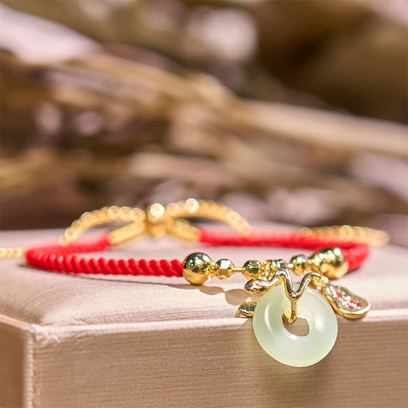 Wear FengShui Copper Plated Gold Jade Peace Buckle Fu Character Year Of The Snake Red String Luck Bracelet