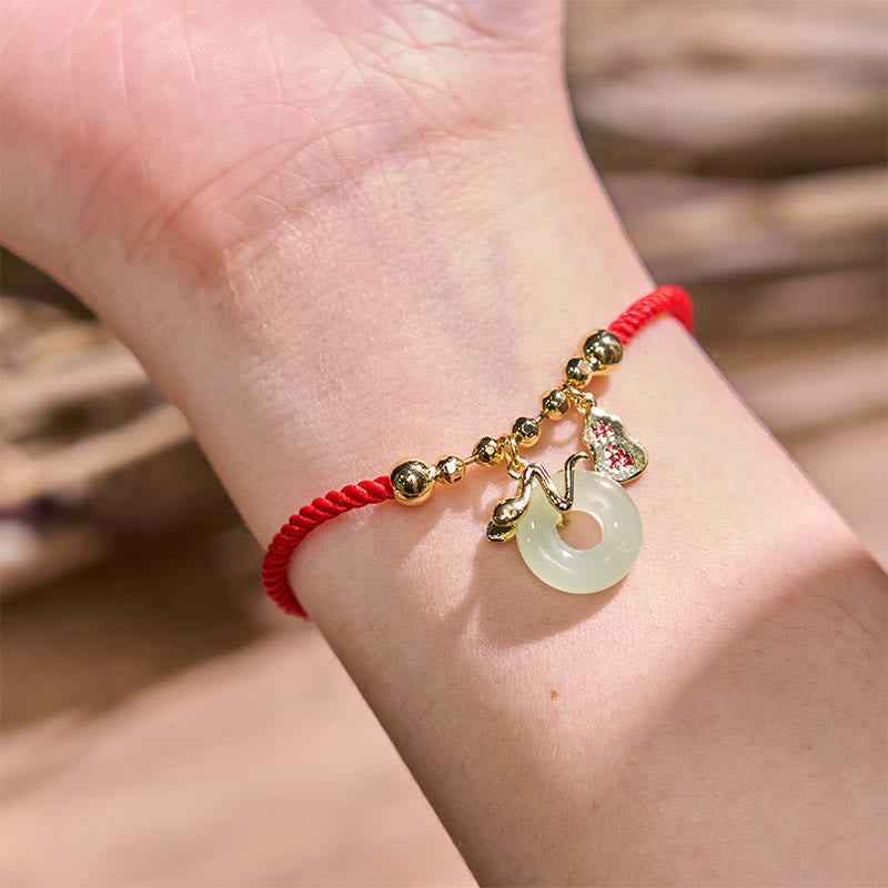 Wear FengShui Copper Plated Gold Jade Peace Buckle Fu Character Year Of The Snake Red String Luck Bracelet