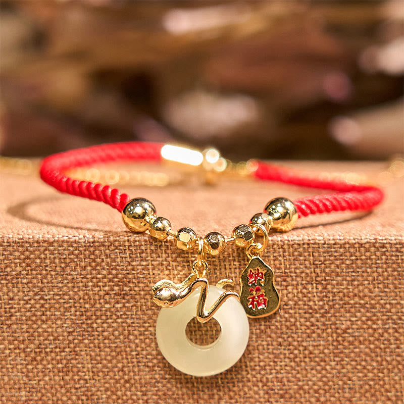 Wear FengShui Copper Plated Gold Jade Peace Buckle Fu Character Year Of The Snake Red String Luck Bracelet