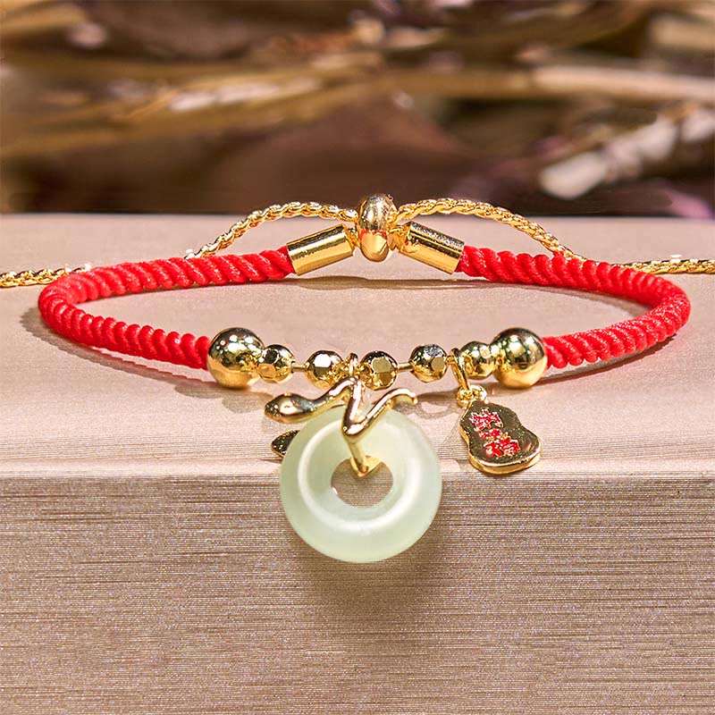 Wear FengShui Copper Plated Gold Jade Peace Buckle Fu Character Year Of The Snake Red String Luck Bracelet
