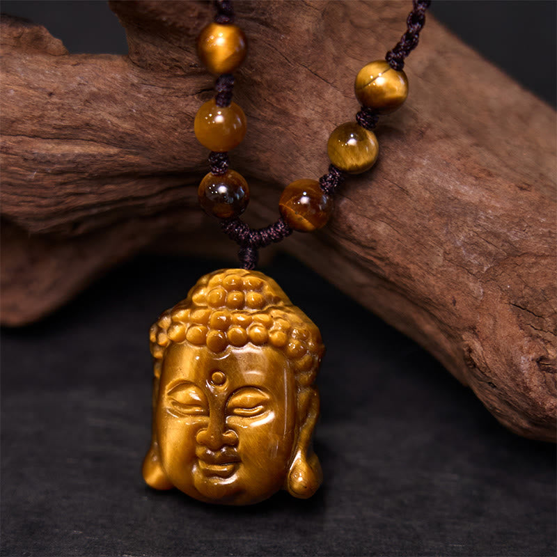 Wear FengShui Tiger Eye String Buddha Head Courage Necklace Pendant