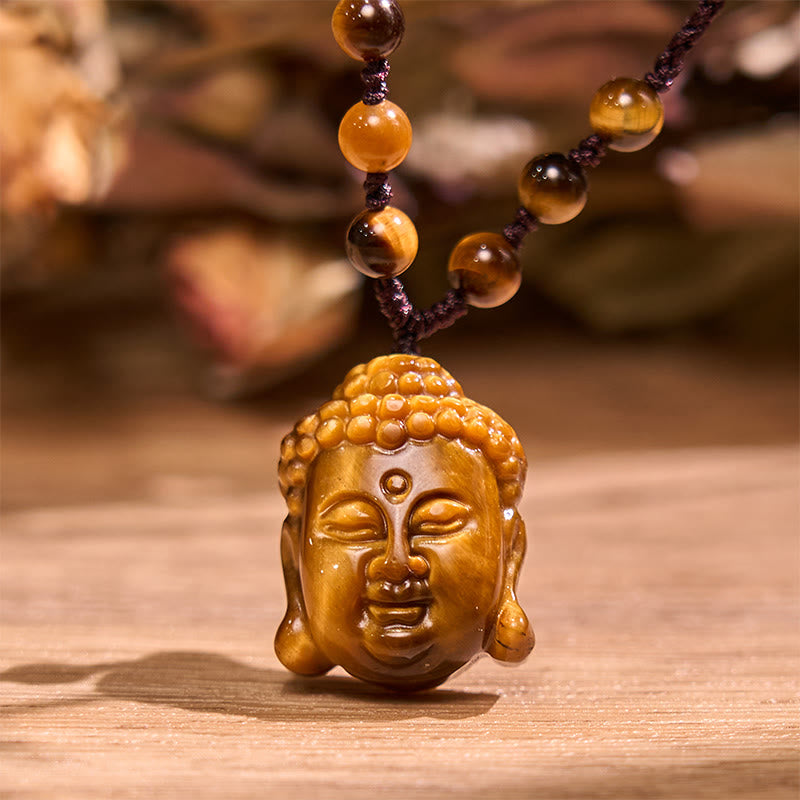 Wear FengShui Tiger Eye String Buddha Head Courage Necklace Pendant