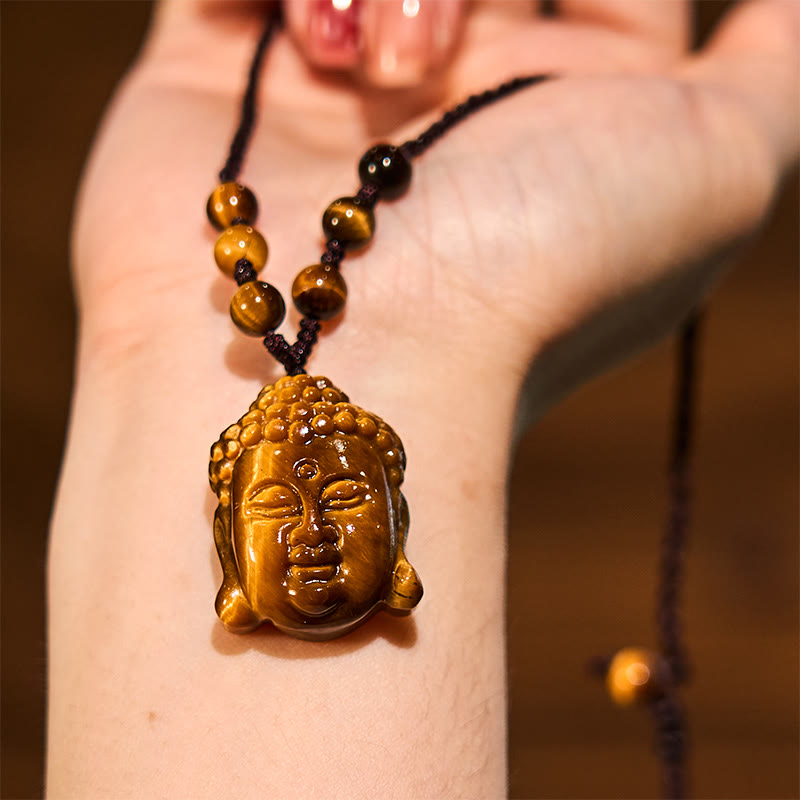 Wear FengShui Tiger Eye String Buddha Head Courage Necklace Pendant