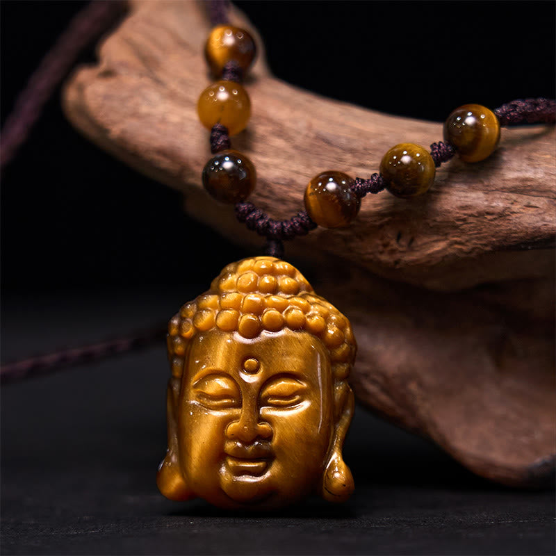 Wear FengShui Tiger Eye String Buddha Head Courage Necklace Pendant