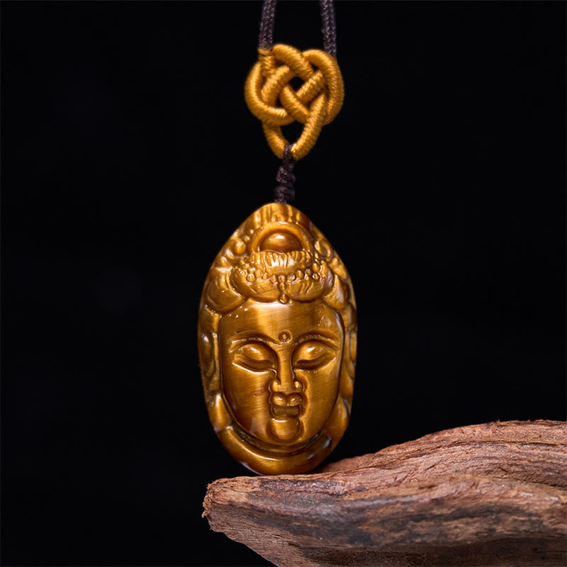 Wear FengShui Tiger Eye Kwan Yin Avalokitesvara Head String Strength Necklace Pendant
