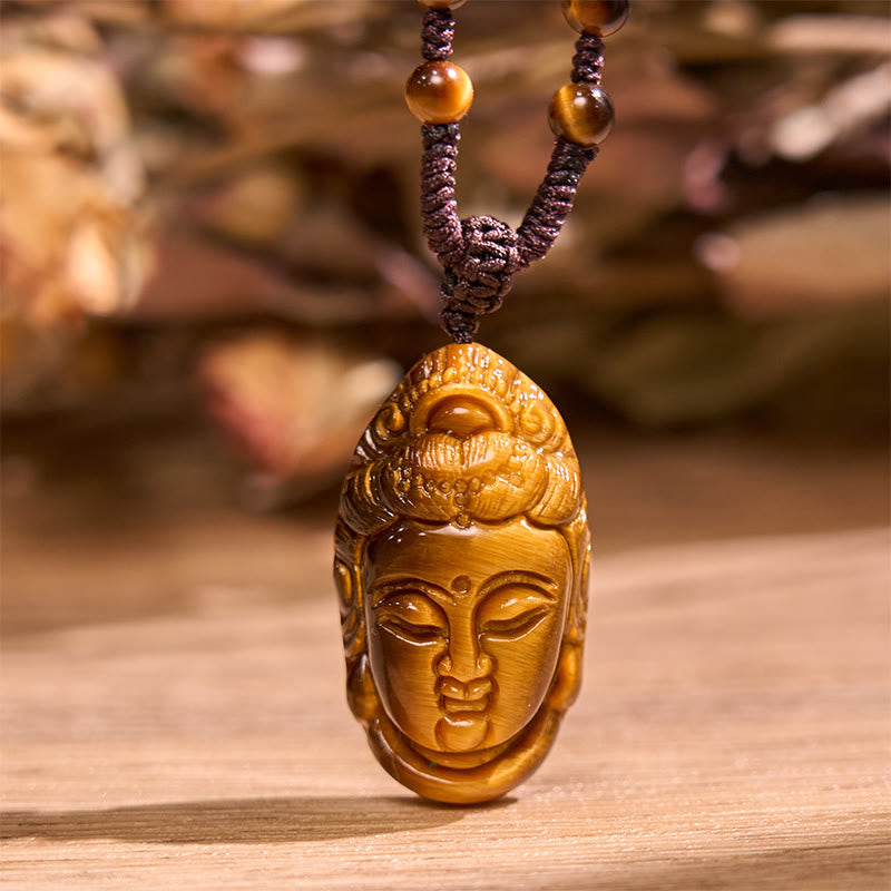 Wear FengShui Tiger Eye Kwan Yin Avalokitesvara Head String Strength Necklace Pendant