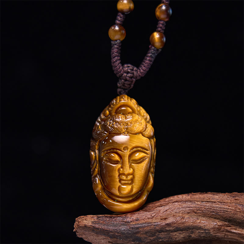 Wear FengShui Tiger Eye Kwan Yin Avalokitesvara Head String Strength Necklace Pendant