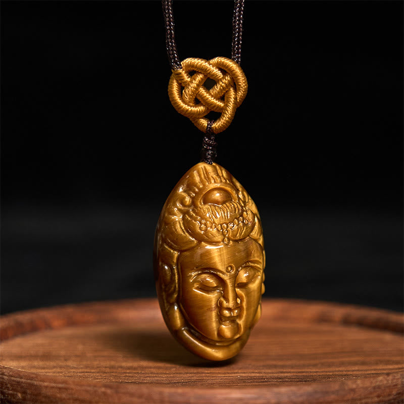 Wear FengShui Tiger Eye Kwan Yin Avalokitesvara Head String Strength Necklace Pendant