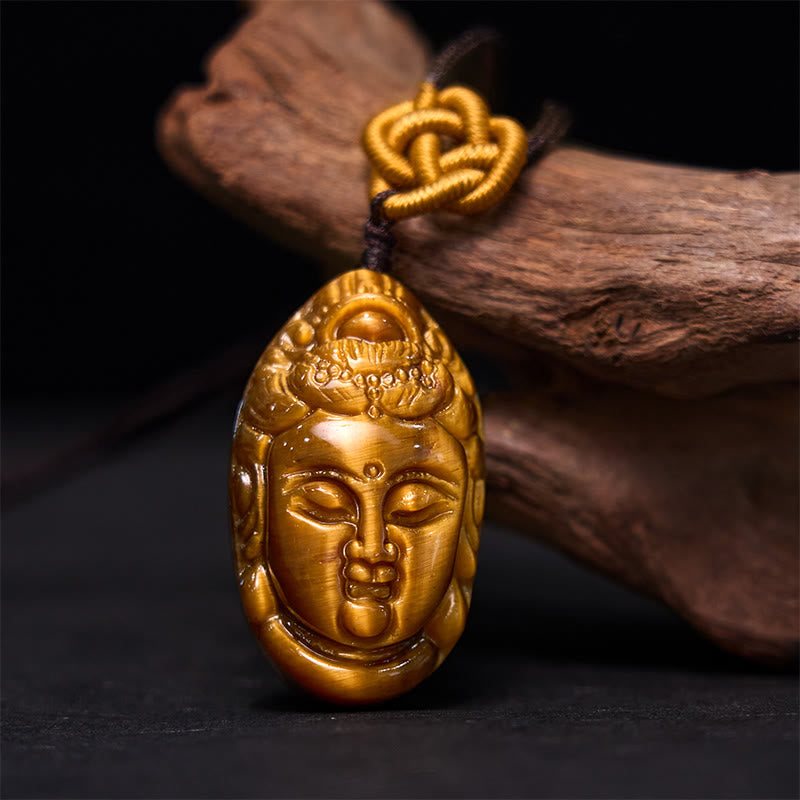 Wear FengShui Tiger Eye Kwan Yin Avalokitesvara Head String Strength Necklace Pendant