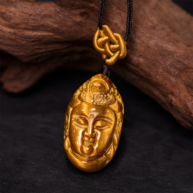 Wear FengShui Tiger Eye Kwan Yin Avalokitesvara Head String Strength Necklace Pendant