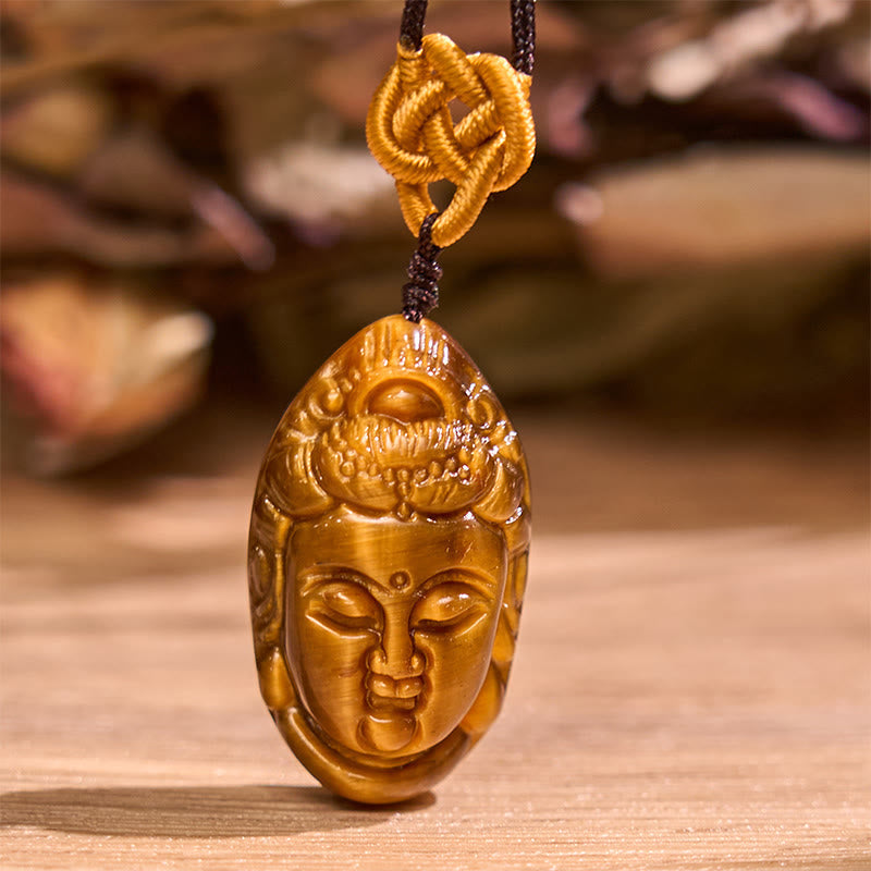 Wear FengShui Tiger Eye Kwan Yin Avalokitesvara Head String Strength Necklace Pendant