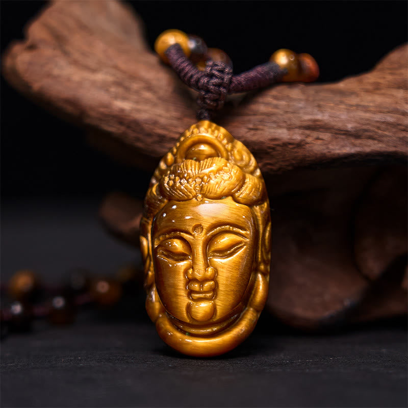 Wear FengShui Tiger Eye Kwan Yin Avalokitesvara Head String Strength Necklace Pendant