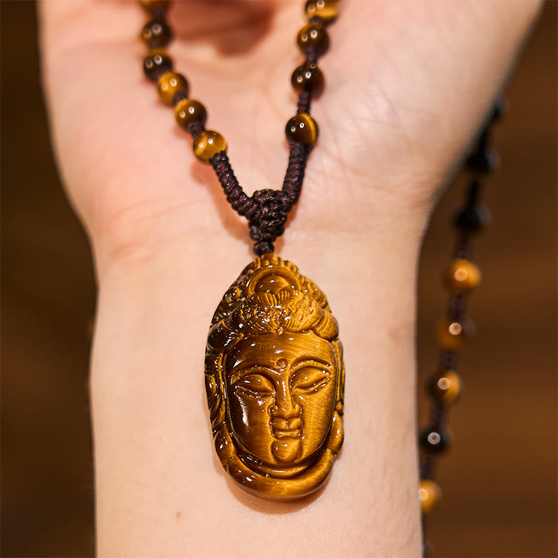 Wear FengShui Tiger Eye Kwan Yin Avalokitesvara Head String Strength Necklace Pendant