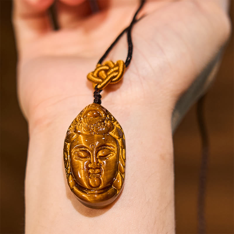 Wear FengShui Tiger Eye Kwan Yin Avalokitesvara Head String Strength Necklace Pendant
