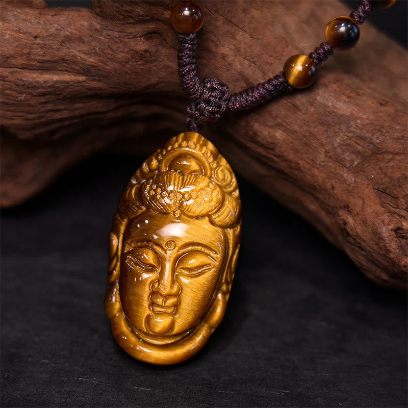 Wear FengShui Tiger Eye Kwan Yin Avalokitesvara Head String Strength Necklace Pendant
