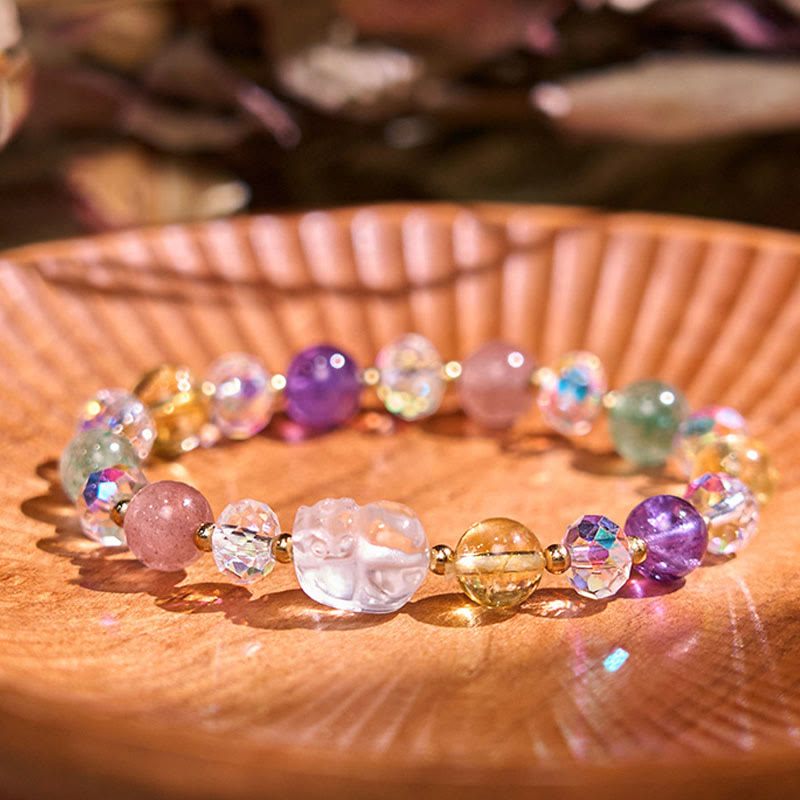 Wear FengShui PiXiu White Crystal Citrine Green Strawberry Quartz Amethyst Luck Bracelet