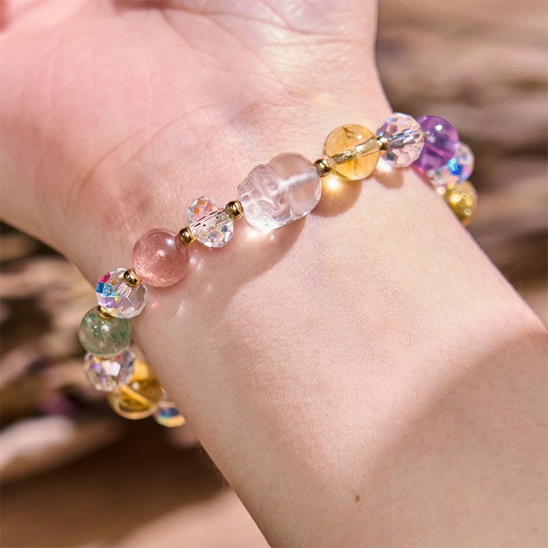 Wear FengShui PiXiu White Crystal Citrine Green Strawberry Quartz Amethyst Luck Bracelet