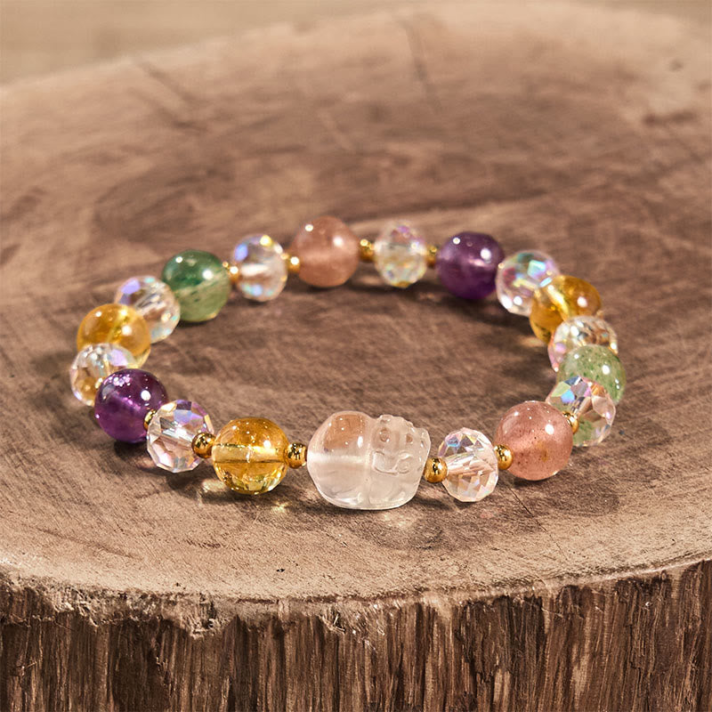 Wear FengShui PiXiu White Crystal Citrine Green Strawberry Quartz Amethyst Luck Bracelet