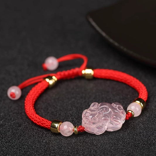 Wear FengShui PiXiu Pink Crystal Wealth String Braided Bracelet
