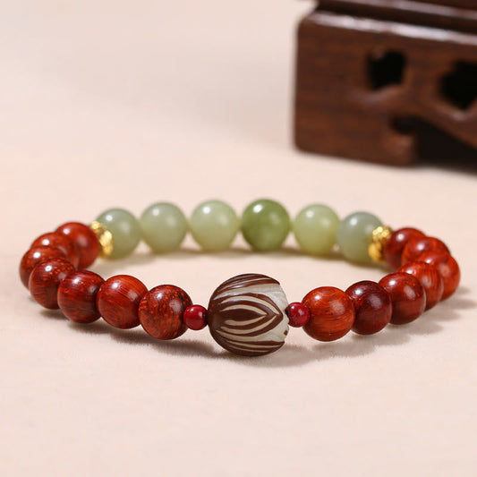 Wear FengShui Natural Rosewood Cyan Jade Bodhi Seed Lotus Warmth Calm Bracelet