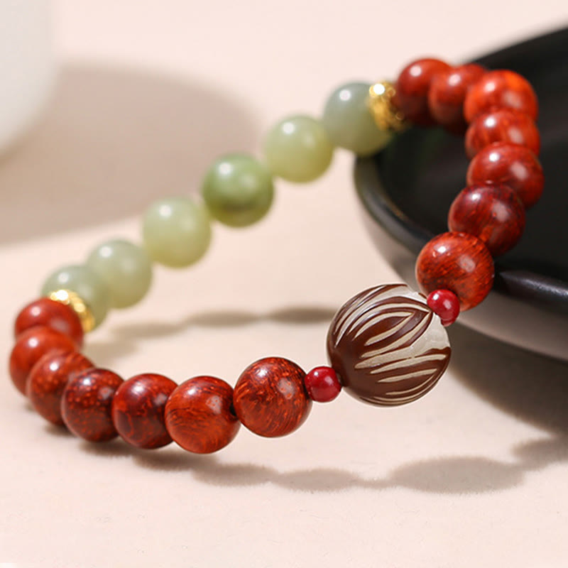 Wear FengShui Natural Rosewood Cyan Jade Bodhi Seed Lotus Warmth Calm Bracelet
