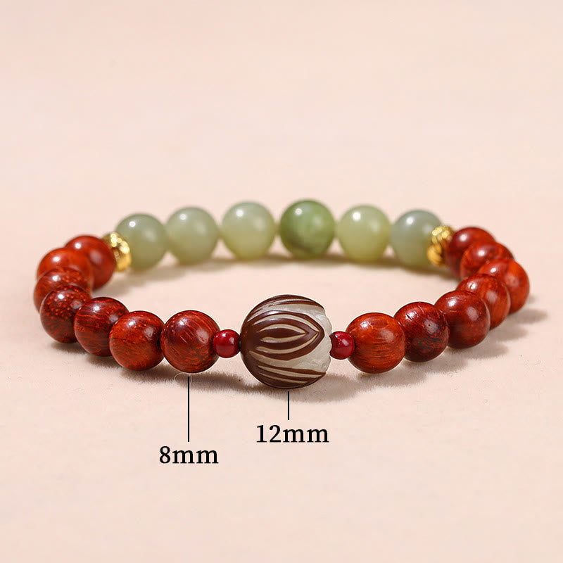 Wear FengShui Natural Rosewood Cyan Jade Bodhi Seed Lotus Warmth Calm Bracelet