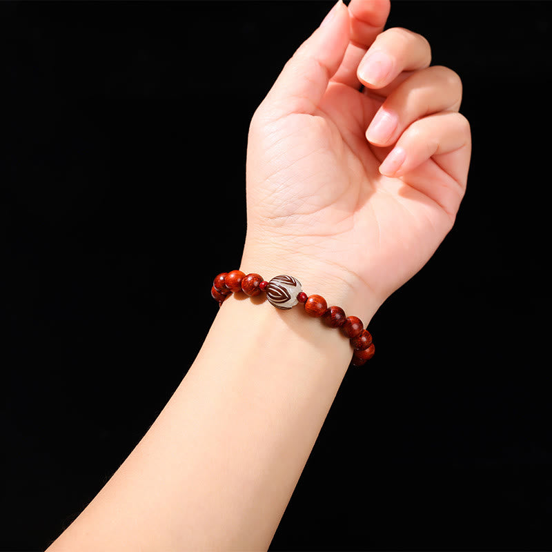 Wear FengShui Natural Rosewood Cyan Jade Bodhi Seed Lotus Warmth Calm Bracelet