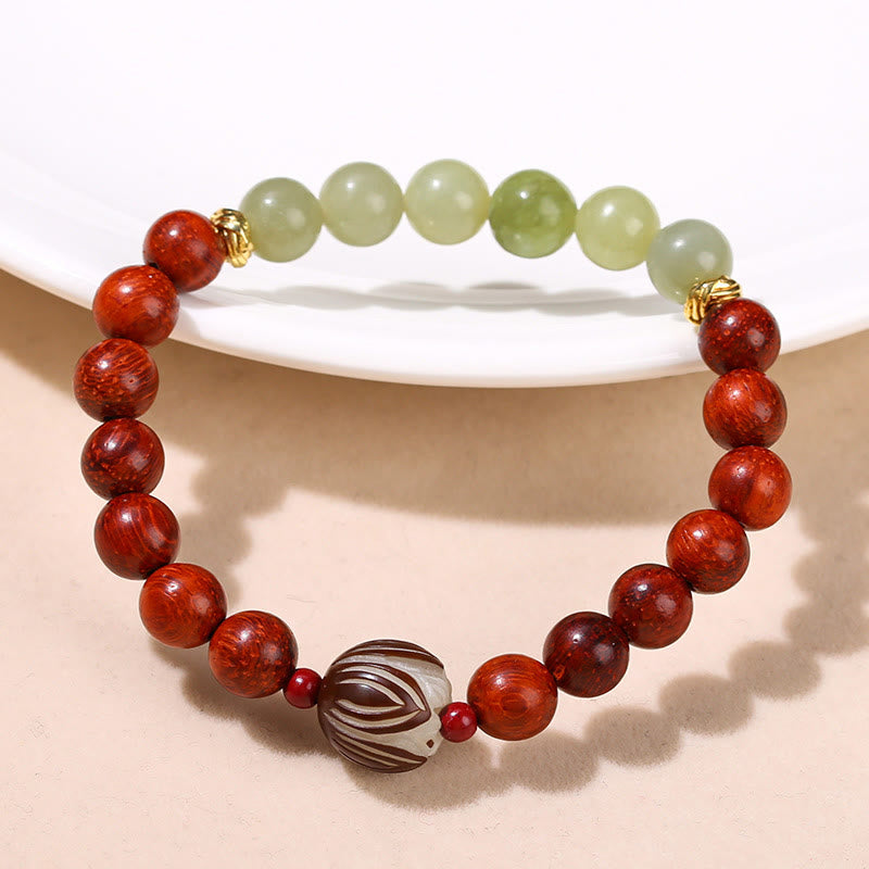 Wear FengShui Natural Rosewood Cyan Jade Bodhi Seed Lotus Warmth Calm Bracelet