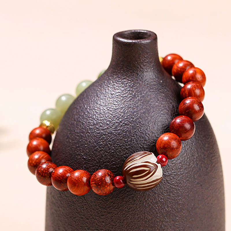 Wear FengShui Natural Rosewood Cyan Jade Bodhi Seed Lotus Warmth Calm Bracelet