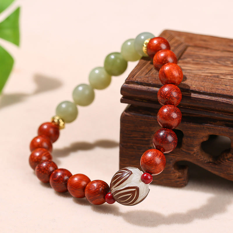 Wear FengShui Natural Rosewood Cyan Jade Bodhi Seed Lotus Warmth Calm Bracelet