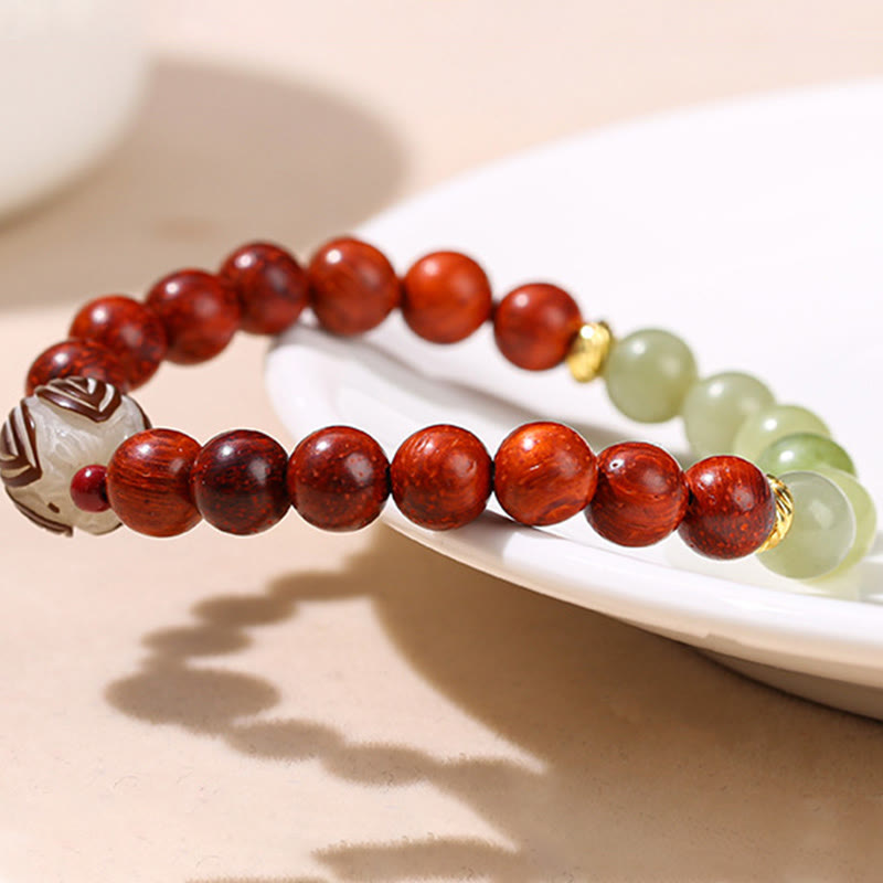 Wear FengShui Natural Rosewood Cyan Jade Bodhi Seed Lotus Warmth Calm Bracelet