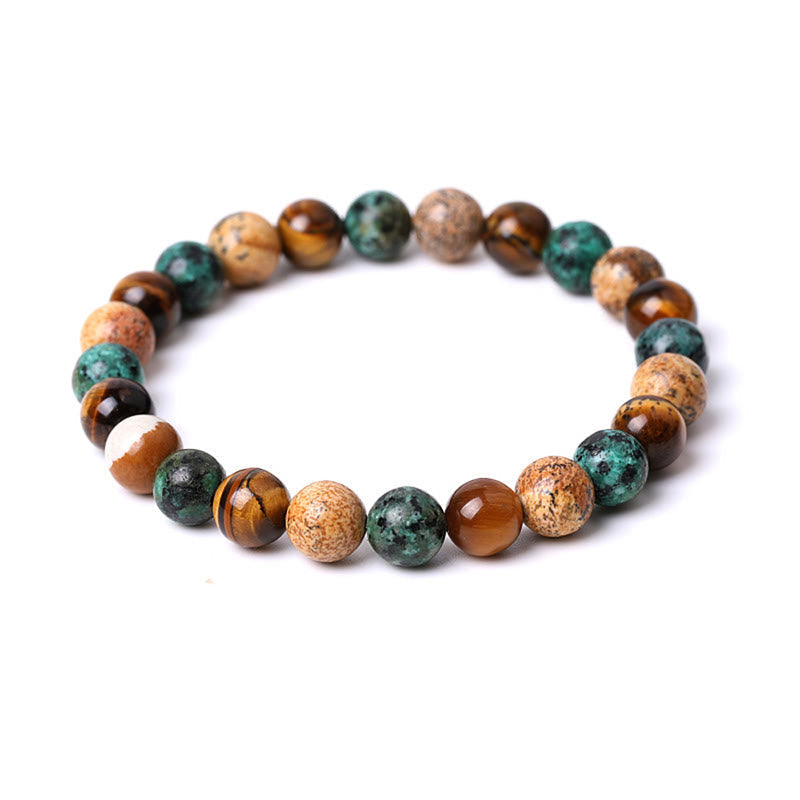 Wear FengShui Natural Picture Jasper Turquoise Tiger Eye Mix And Match Beads Protection Bracelet
