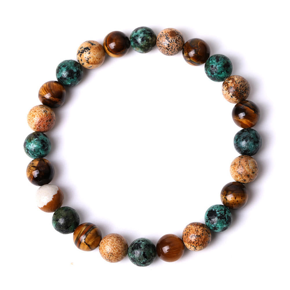 Wear FengShui Natural Picture Jasper Turquoise Tiger Eye Mix And Match Beads Protection Bracelet
