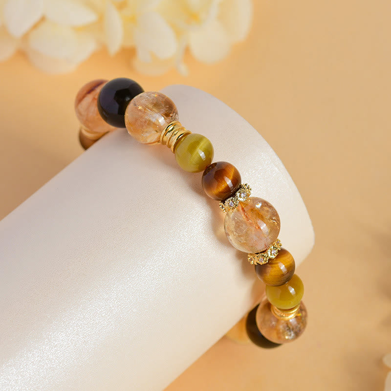 Wear FengShui Natural Citrine Smoky Quartz Tiger Eye Duobao Crystal Prosperity Bracelet