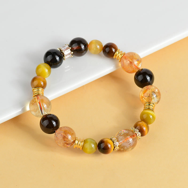 Wear FengShui Natural Citrine Smoky Quartz Tiger Eye Duobao Crystal Prosperity Bracelet