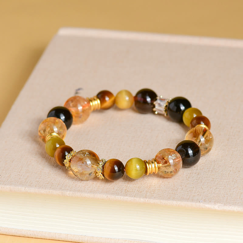 Wear FengShui Natural Citrine Smoky Quartz Tiger Eye Duobao Crystal Prosperity Bracelet