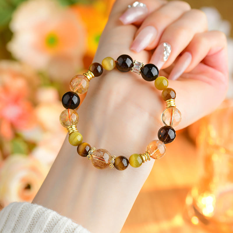 Wear FengShui Natural Citrine Smoky Quartz Tiger Eye Duobao Crystal Prosperity Bracelet