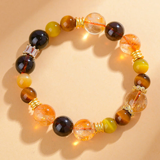 Wear FengShui Natural Citrine Smoky Quartz Tiger Eye Duobao Crystal Prosperity Bracelet