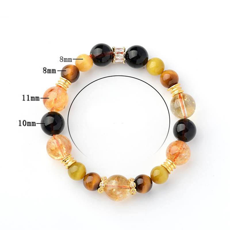 Wear FengShui Natural Citrine Smoky Quartz Tiger Eye Duobao Crystal Prosperity Bracelet