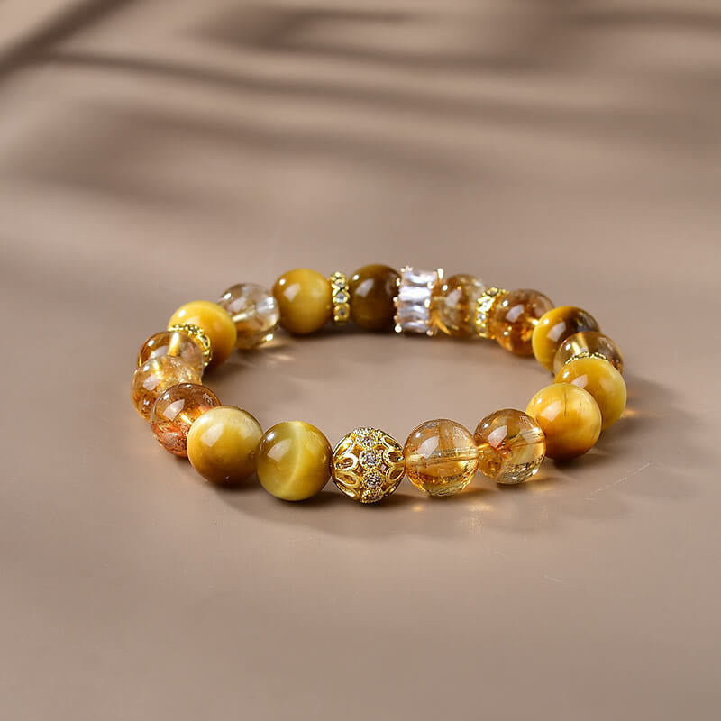Wear FengShui Natural Tiger Eye Citrine Beads Strength Courage Bracelet