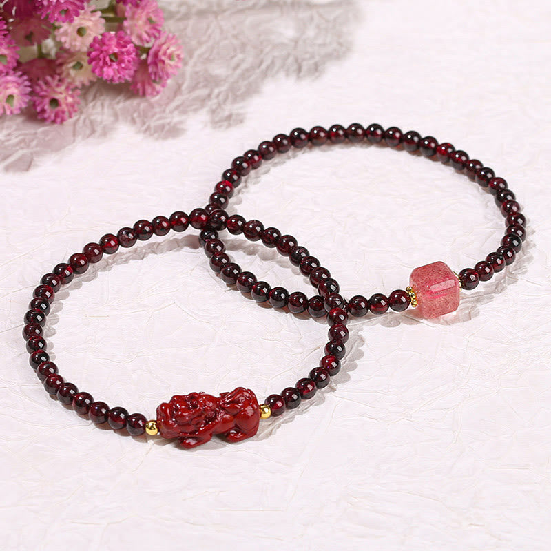 Wear FengShui Garnet Cinnabar PiXiu Strawberry Quartz Square Bead Protection Bracelet