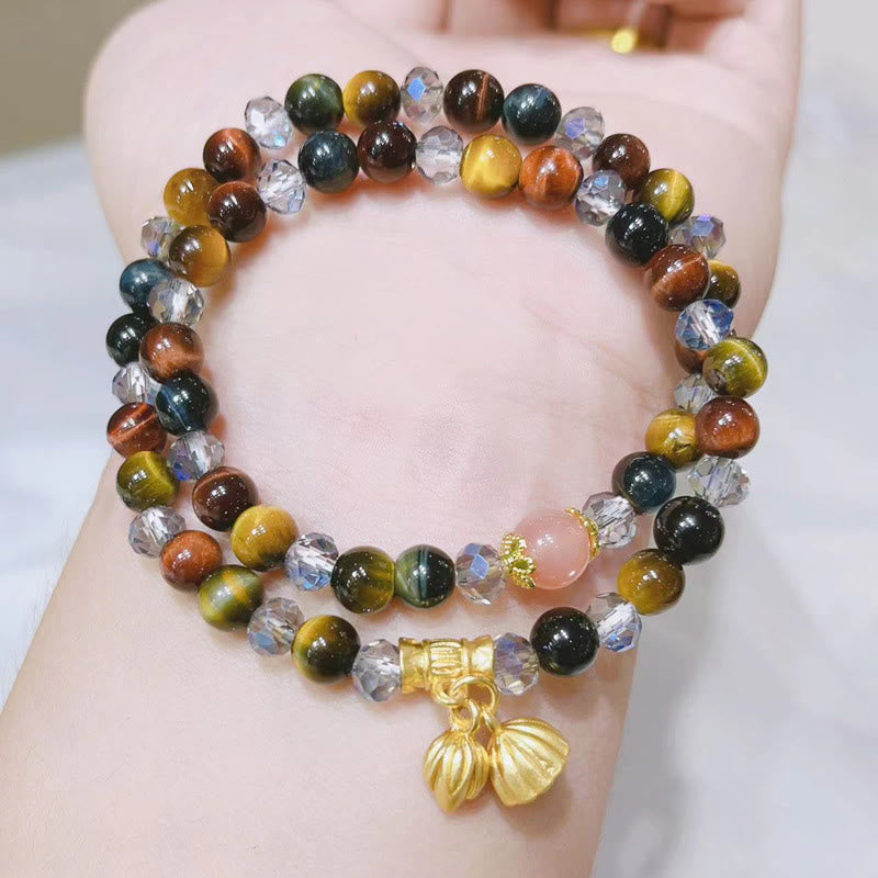 Wear FengShui Colorful Tiger Eye Lotus Multi-circle Elastic Rope Protection Bracelet