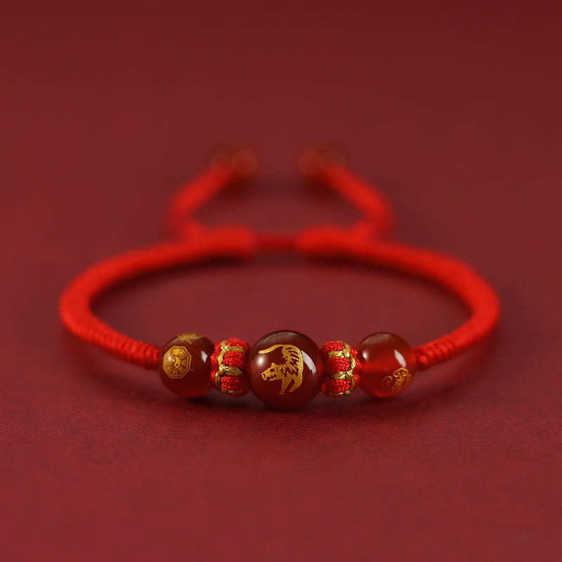 Wear FengShui Handmade Red Agate Chinese Zodiac Red String Braided Protection Bracelet