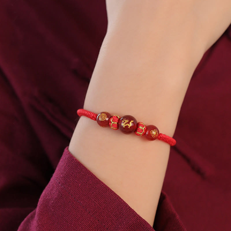 Wear FengShui Handmade Red Agate Chinese Zodiac Red String Braided Protection Bracelet